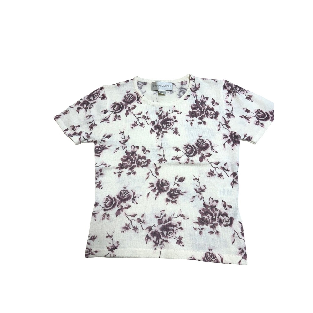 Casual Corner merino wool blend Floral Rose‎ Print Knit Top XS cream Purple